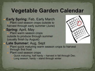 ● Early Spring: Feb, Early March
● Plant cool season crops outside to
harvest through early summer (June)
● Spring: April, May
● Plant warm season crops
outside to produce through summer
(usually finish by August)
● Late Summer: Aug, Sept
● Plant quick maturing warm season crops to harvest
through first frost
● Plant cool season crops
● Quick maturing, half hardy – harvest in fall through Dec.
● Long season, hardy – stand through winter
Vegetable Garden Calendar
 
