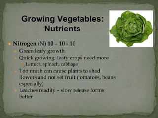 ● Nitrogen (N) 10 – 10 - 10
● Green leafy growth
● Quick growing, leafy crops need more
● Lettuce, spinach, cabbage
● Too much can cause plants to shed
flowers and not set fruit (tomatoes, beans
especially)
● Leaches readily – slow release forms
better
Growing Vegetables:
Nutrients
 