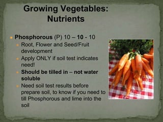● Phosphorous (P) 10 – 10 - 10
● Root, Flower and Seed/Fruit
development
● Apply ONLY if soil test indicates
need!
● Should be tilled in – not water
soluble
● Need soil test results before
prepare soil, to know if you need to
till Phosphorous and lime into the
soil
Growing Vegetables:
Nutrients
 