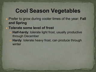 ● Prefer to grow during cooler times of the year: Fall
and Spring
● Tolerate some level of frost
● Half-hardy: tolerate light frost, usually productive
through December
● Hardy: tolerate heavy frost, can produce through
winter
Cool Season Vegetables
 
