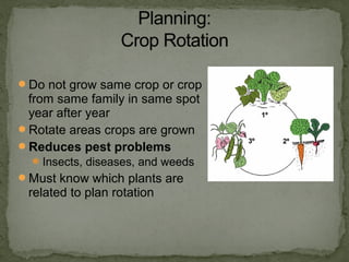 Do not grow same crop or crop
from same family in same spot
year after year
Rotate areas crops are grown
Reduces pest problems
Insects, diseases, and weeds
Must know which plants are
related to plan rotation
 