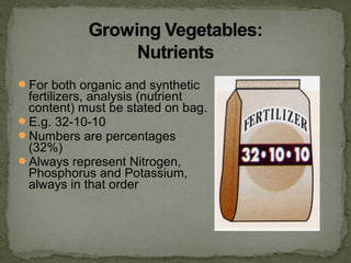 For both organic and synthetic
fertilizers, analysis (nutrient
content) must be stated on bag.
E.g. 32-10-10
Numbers are percentages
(32%)
Always represent Nitrogen,
Phosphorus and Potassium,
always in that order
 
