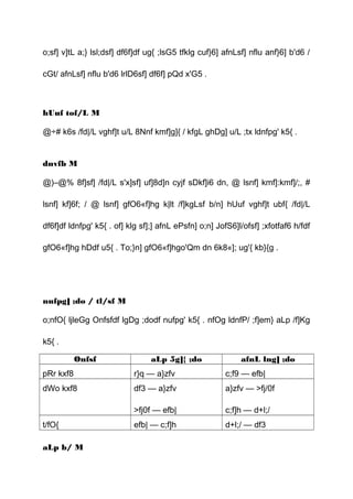 o;sf] v]tL a;} lsl;dsf] df6f]df ug{ ;lsG5 tfklg cuf}6] afnLsf] nflu anf}6] b'd6 /
cGt/ afnLsf] nflu b'd6 lrlD6sf] df6f] pQd x'G5 .
hUuf tof/L M
@÷# k6s /fd|/L vghf]t u/L 8Nnf kmf]g]{ / kfgL ghDg] u/L ;tx ldnfpg' k5{ .
dnvfb M
@)–@% 8f]sf] /fd|/L s'x]sf] uf]8d]n cyjf sDkf]i6 dn, @ lsnf] kmf]:kmf]/;, #
lsnf] kf]6f; / @ lsnf] gfO6«f]hg k|lt /f]kgLsf b/n] hUuf vghf]t ubf{ /fd|/L
df6f]df ldnfpg' k5{ . of] klg sf];] afnL ePsfn] o;n] JofS6]l/ofsf] ;xfotfaf6 h/fdf
gfO6«f]hg hDdf u5{ . To;}n] gfO6«f]hgo'Qm dn 6k8«]; ug'{ kb}{g .
nufpg] ;do / tl/sf M
o;nfO{ ljleGg Onfsfdf lgDg ;dodf nufpg' k5{ . nfOg ldnfP/ ;f]em} aLp /f]Kg
k5{ .
Onfsf aLp 5g]{ ;do afnL lng] ;do
pRr kxf8 r}q — a}zfv c;f9 — efb|
dWo kxf8 df3 — a}zfv
>fj0f — efb|
a}zfv — >fj/0f
c;f]h — d+l;/
t/fO{ efb| — c;f]h d+l;/ — df3
aLp b/ M
 