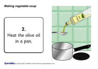 © Copyright 2007, SparkleBox Teacher Resources (www.sparklebox.co.uk)
Making vegetable soup
2.
Heat the olive oil
in a pan.
 