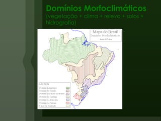 Domínios Morfoclimáticos (vegetação + clima + relevo + solos + hidrografia) 
