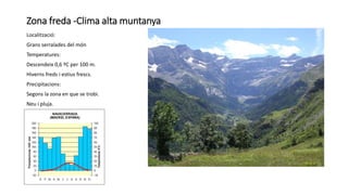 Zona freda -Clima alta muntanya
Localització:
Grans serralades del món
Temperatures:
Descendeix 0,6 ºC per 100 m.
Hiverns freds i estius frescs.
Precipitacions:
Segons la zona en que se trobi.
Neu i pluja.
 