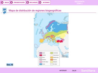 GEOGRAFÍA
TEMA 4
RECURSOS INTERNET
PRESENTACIÓN
Santillana
SALIR
SALIR
ANTERIOR
ANTERIOR
INICIO
Mapa de distribución de regiones biogeográficas
Doc.10
Doc.10
 