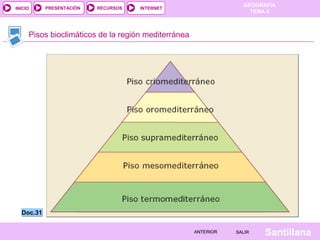GEOGRAFÍA
TEMA 4
RECURSOS INTERNET
PRESENTACIÓN
Santillana
SALIR
SALIR
ANTERIOR
ANTERIOR
INICIO
Pisos bioclimáticos de la región mediterránea
Doc.31
Doc.31
 