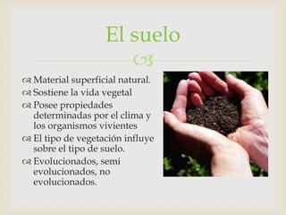 El sueloMaterial superficial natural.Sostiene la vida vegetalPosee propiedades determinadas por el clima y los organismos vivientesEl tipo de vegetación influye sobre el tipo de suelo.Evolucionados, semi evolucionados, no evolucionados.