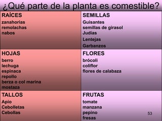 ¿Qué parte de la planta es comestible? 53 FRUTAS  tomate  manzana  pepino  fresas  arándanos   TALLOS  Apio  Cebolletas Cebollas   FLORES   brócoli  coliflor  flores de calabaza  HOJAS  berro  lechuga  espinaca  repollo  berza o col marina mostaza   SEMILLAS  Guisantes  semillas de girasol  Judías Lentejas Garbanzos RAÍCES  zanahorias  remolachas  nabos  