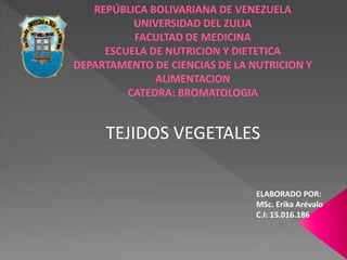 REPÚBLICA BOLIVARIANA DE VENEZUELA
UNIVERSIDAD DEL ZULIA
FACULTAD DE MEDICINA
ESCUELA DE NUTRICION Y DIETETICA
DEPARTAMENTO DE CIENCIAS DE LA NUTRICION Y
ALIMENTACION
CATEDRA: BROMATOLOGIA
TEJIDOS VEGETALES
ELABORADO POR:
MSc. Erika Arévalo
C.I: 15.016.186
 