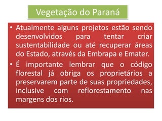 Vegetação do Paraná 
• Atualmente alguns projetos estão sendo 
desenvolvidos para tentar criar 
sustentabilidade ou até recuperar áreas 
do Estado, através da Embrapa e Emater. 
• É importante lembrar que o código 
florestal já obriga os proprietários a 
preservarem parte de suas propriedades, 
inclusive com reflorestamento nas 
margens dos rios. 
 