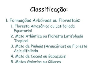 Classificação: I.  Formações Arbóreas ou Florestais: 1. Floresta Amazônica ou Latifoliada Equatorial 2. Mata Atlântica ou Floresta Latifoliada Tropical 3. Mata de Pinhais (Araucárias) ou Floresta Aciculifoliada 4. Mata de Cocais ou Babaçuais 5. Matas Galerias ou Ciliares 