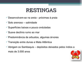 RESTINGAS Desenvolvem-se na areia - próximas à praia Solo arenoso – salinidade Superfícies baixas e pouco onduladas Suave declínio rumo ao mar Predominância de arbustos, algumas árvores Transição entre dunas e Mata Atlântica Abrigam os Sambaquis – depósitos deixados pelos índios a mais de 3.000 anos 