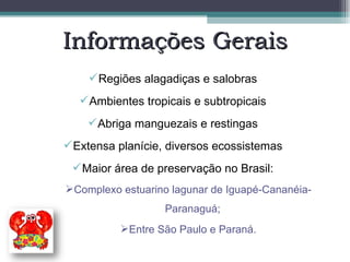 Informações Gerais Regiões alagadiças e salobras Ambientes tropicais e subtropicais Abriga manguezais e restingas Extensa planície, diversos ecossistemas Maior área de preservação no Brasil: Complexo estuarino lagunar de Iguapé-Cananéia-Paranaguá; Entre São Paulo e Paraná. 