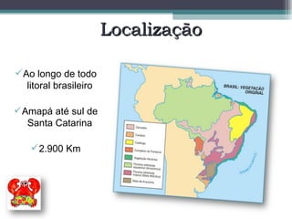 Localização Ao longo de todo litoral brasileiro Amapá até sul de Santa Catarina 2.900 Km 