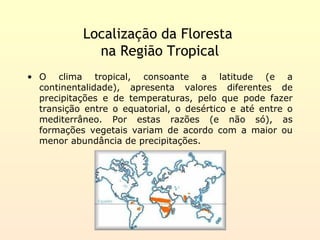 Localização da Floresta
              na Região Tropical
• O clima tropical, consoante a latitude (e a
  continentalidade), apresenta valores diferentes de
  precipitações e de temperaturas, pelo que pode fazer
  transição entre o equatorial, o desértico e até entre o
  mediterrâneo. Por estas razões (e não só), as
  formações vegetais variam de acordo com a maior ou
  menor abundância de precipitações.
 