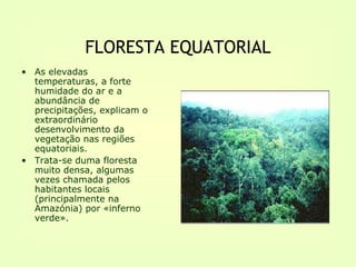 FLORESTA EQUATORIAL
• As elevadas
  temperaturas, a forte
  humidade do ar e a
  abundância de
  precipitações, explicam o
  extraordinário
  desenvolvimento da
  vegetação nas regiões
  equatoriais.
• Trata-se duma floresta
  muito densa, algumas
  vezes chamada pelos
  habitantes locais
  (principalmente na
  Amazónia) por «inferno
  verde».
 
