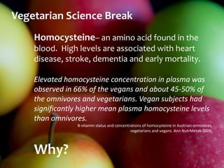 Vegetarian Science Break
    Homocysteine– an amino acid found in the
    blood. High levels are associated with heart
    disease, stroke, dementia and early mortality.

    Elevated homocysteine concentration in plasma was
    observed in 66% of the vegans and about 45-50% of
    the omnivores and vegetarians. Vegan subjects had
    significantly higher mean plasma homocysteine levels
    than omnivores.
                B-vitamin status and concentrations of homocysteine in Austrian omnivores,
                                             vegetarians and vegans. Ann NutrMetab 2006.




    Why?
 