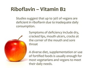Riboflavin – Vitamin B2
  Studies suggest that up to 30% of vegans are
  deficient in riboflavin due to inadequate daily
  consumption.
           Symptoms of deficiency include dry,
           cracked lips, mouth ulcers, cracks at
           the corner of the mouth and sore
           throat

           A diverse diet, supplementation or use
           of fortified foods is usually enough for
           most vegetarians and vegans to meet
           their daily needs.
 