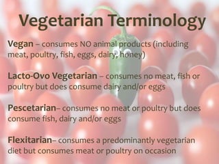 Vegetarian Terminology
Vegan – consumes NO animal products (including
meat, poultry, fish, eggs, dairy, honey)

Lacto-Ovo Vegetarian – consumes no meat, fish or
poultry but does consume dairy and/or eggs

Pescetarian– consumes no meat or poultry but does
consume fish, dairy and/or eggs

Flexitarian– consumes a predominantly vegetarian
diet but consumes meat or poultry on occasion
 