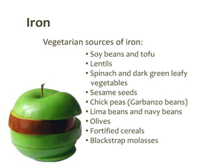 Iron
  Vegetarian sources of iron:
             • Soy beans and tofu
             • Lentils
             • Spinach and dark green leafy
               vegetables
             • Sesame seeds
             • Chick peas (Garbanzo beans)
             • Lima beans and navy beans
             • Olives
             • Fortified cereals
             • Blackstrap molasses
 