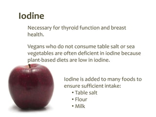 Iodine
  Necessary for thyroid function and breast
  health.

  Vegans who do not consume table salt or sea
  vegetables are often deficient in iodine because
  plant-based diets are low in iodine.


                 Iodine is added to many foods to
                 ensure sufficient intake:
                    • Table salt
                    • Flour
                    • Milk
 