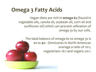 Omega 3 Fatty Acids
         Vegan diets are rich in omega 6s (found in
  vegetable oils, canola oil, soybean oil, corn oil and
     sunflower oil) which can prevent utilization of
                                omega 3s by our cells.

      The ideal balance of omega 6s to omega 3s is
            1:1 to 4:1. Omnivores in North American
                              average a ratio of 10:1,
                    vegetarians 16:1 and vegans 20:1.
 