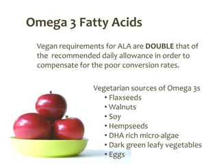 Omega 3 Fatty Acids
 Vegan requirements for ALA are DOUBLE that of
 the recommended daily allowance in order to
 compensate for the poor conversion rates.

                Vegetarian sources of Omega 3s
                   • Flaxseeds
                   • Walnuts
                   • Soy
                   • Hempseeds
                   • DHA rich micro-algae
                   • Dark green leafy vegetables
                   • Eggs
 