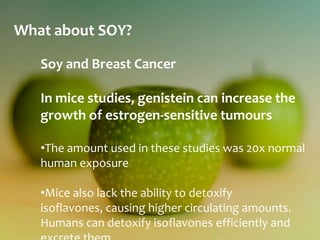 What about SOY?

   Soy and Breast Cancer

   In mice studies, genistein can increase the
   growth of estrogen-sensitive tumours

   •The amount used in these studies was 20x normal
   human exposure

   •Mice also lack the ability to detoxify
   isoflavones, causing higher circulating amounts.
   Humans can detoxify isoflavones efficiently and
 