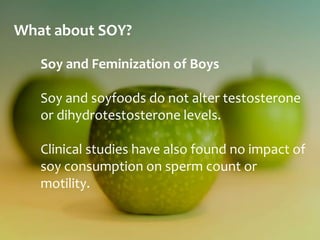 What about SOY?

   Soy and Feminization of Boys

   Soy and soyfoods do not alter testosterone
   or dihydrotestosterone levels.

   Clinical studies have also found no impact of
   soy consumption on sperm count or
   motility.
 