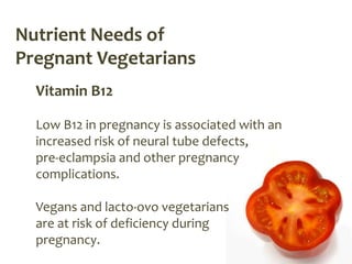 Nutrient Needs of
Pregnant Vegetarians
  Vitamin B12

  Low B12 in pregnancy is associated with an
  increased risk of neural tube defects,
  pre-eclampsia and other pregnancy
  complications.

  Vegans and lacto-ovo vegetarians
  are at risk of deficiency during
  pregnancy.
 