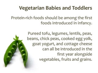 Vegetarian Babies and Toddlers
Protein-rich foods should be among the first
                foods introduced in infancy.

        Pureed tofu, legumes, lentils, peas,
        beans, chick peas, cooked egg yolk,
          goat yogurt, and cottage cheese
                can all be introduced in the
                         first year alongside
              vegetables, fruits and grains.
 