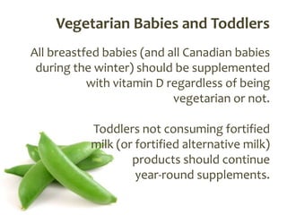 Vegetarian Babies and Toddlers
All breastfed babies (and all Canadian babies
 during the winter) should be supplemented
           with vitamin D regardless of being
                           vegetarian or not.

           Toddlers not consuming fortified
           milk (or fortified alternative milk)
                   products should continue
                    year-round supplements.
 