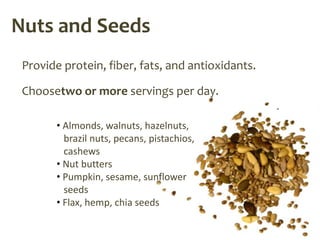 Nuts and Seeds
 Provide protein, fiber, fats, and antioxidants.

 Choosetwo or more servings per day.

       • Almonds, walnuts, hazelnuts,
         brazil nuts, pecans, pistachios,
         cashews
       • Nut butters
       • Pumpkin, sesame, sunflower
         seeds
       • Flax, hemp, chia seeds
 