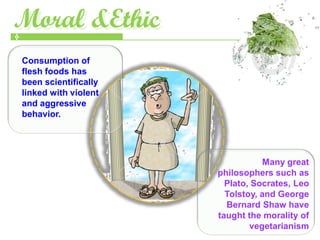 Moral &Ethic
Moral
Consumption of
flesh foods has
been scientifically
linked with violent
and aggressive
behavior.




                                  Many great
                      philosophers such as
                        Plato, Socrates, Leo
                        Tolstoy, and George
                        Bernard Shaw have
                      taught the morality of
                              vegetarianism
 