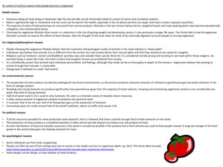An outline of various reasons that people become a vegetarian

Health reasons

•   Excessive eating of meat along un-balanced, high-fat and salt diet can be technically linked to causes of cancer and circulatory systems.
•   Meat is significantly high in cholesterol and too much can be bad for the health, especially in the US where portions are larger and meat is eaten in greater quantities.
•   The majority of cases of food poisoning are consumed from animal products. Recently in the last century factory farms, slaughterhouses and meat packing plants have become exceptionally
    unhygienic and contaminated places.
•   Choosing the vegetarian lifestyle often results in a reduction in the risk of gaining weight and developing cancers, it also promotes a longer life spam. The Ornish diet (a low fat vegetarian
    lifestyle) is proven to reverse the effects of heart disease. Also the thought of the time taken for meat to be externally digested can push people to turning vegetarian.

For religious/philosophical reasons

•   People choosing the vegetarian lifestyle believe that the treatment and prolonged cruelty of animals in the meat industry is “inexcusable”.
•   Individuals also believe that animals are no different from the human race and society denies their natural rights and that they should not be raised for slaughter.
•   Religions such as Hinduism, Jainism and Buddhism worship cows and consider them sacred, there for it is considered morally wrong and insulting to eat meat within those religions. An
    example being in states like India, the meat is taboo and slaughter houses are prohibited from society.
•   It is scientifically proven that animals have individual personalities and feelings, although they made not be as thoroughly in-depth as the humans– vegetarians believe that putting an
    animal through fear and pain is intolerable.
•   Eating meat is believed to create “bad karma”.

For environmental reasons

•   The production of meat produce can destroy endangered rain forest environments, as the process produces excessive amounts of methane (a greenhouse gas) and water pollution in the
    form of sewage solution.
•   Breeding and raising livestock can produce significantly more greenhouse gases than the majority of motor vehicles. Growing and maintaining vegetarian produce uses considerably less
    water than that of raising livestock.
•   Half of all water used in US is used to raise livestock, this seen as a dramatic waste of valuable nature resources.
•   It takes several pounds of vegetarian product to produce one pound of meat.
•   It is proven that in the UK over half of all food grown goes to the production of livestock.
•   Consuming meat can create around half of the world’s pollution, where as traffic only causes 11%.

For political reasons

•   If all the resources provided for meat production were diverted; there is believed that there could be enough food to feed everyone on the earth.
•   The production of meat produce is considered wasteful; it takes several pounds of grain to produce just one produce of meat.
•   An even distribution of food and valuable resources in the world is considered possible if the produce fed to farm animals was used to feed people instead. A large percentage of the food
    grown in the world today goes into feeding livestock for meat.

For psychological reasons

•   Some individuals just find meat unappealing.
•   People can often be put of from eating meat due to stories in the media and turn to vegetarian labels e.g. 2013, The Horse Meat Scandal.
    http://www.guardian.co.uk/uk/2013/mar/05/horsemeat-scandal-sales-vegetarian-alternatives
•   Some people can be allergic or have phobias of meat produce.
 