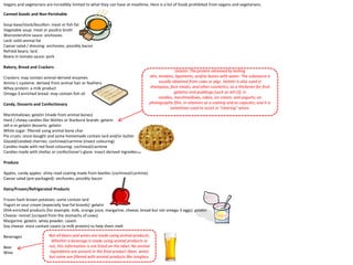 Vegans and vegetarians are incredibly limited to what they can have at mealtime. Here is a list of foods prohibited from vegans and vegetarians.

Canned Goods and Non-Perishable

Soup base/stock/bouillon: meat or fish fat
Vegetable soup: meat or poultry broth
Worcestershire sauce: anchovies
Lard: solid animal fat
Caesar salad / dressing: anchovies, possibly bacon
Refried beans: lard
Beans in tomato sauce: pork

Bakery, Bread and Crackers
                                                                                                  Gelatin: The protein obtained by boiling
Crackers: may contain animal-derived enzymes                                       skin, tendons, ligaments, and/or bones with water. The substance is
Amino L-cysteine: derived from animal hair or feathers                                   usually obtained from cows or pigs. Gelatin is also used in
Whey protein: a milk product                                                       shampoos, face masks, and other cosmetics; as a thickener for fruit
Omega-3 enriched bread: may contain fish oil                                                      gelatins and puddings (such as Jell-O); in
                                                                                         candies, marshmallows, cakes, ice cream, and yogurts; on
Candy, Desserts and Confectionary                                                  photographic film; in vitamins as a coating and as capsules; and it is
                                                                                               sometimes used to assist in "clearing" wines.
Marshmallows: gelatin (made from animal bones)
Hard / chewy candies like Skittles or Starburst brands: gelatin
Jell-o or gelatin desserts: gelatin
White sugar: filtered using animal bone char
Pie crusts: store-bought and some homemade contain lard and/or butter
Glazed/candied cherries: cochineal/carmine (insect colouring)
Candies made with red food colouring: cochineal/carmine
Candies made with shellac or confectioner's glaze: insect-derived ingredients

Produce

Apples, candy apples: shiny read coating made from beetles (cochineal/carmine)
Caesar salad (pre-packaged): anchovies, possibly bacon

Dairy/Frozen/Refrigerated Products

Frozen hash brown potatoes: some contain lard
Yogurt or sour cream (especially low-fat brands): gelatin
DHA-enriched products (for example; milk, orange juice, margarine, cheese, bread but not omega-3 eggs): gelatin
Cheese: rennet (scraped from the stomachs of cows)
Margarine: gelatin, whey powder, casein
Soy cheese: most contain casein (a milk protein) to help them melt

Beverages                Not all beers and wines are made using animal products.
                          Whether a beverage is made using animal products or
Beer                     not, this information is not listed on the label. No animal
Wine                     ingredients are present in the final product (beer, wine)
                         but some are filtered with animal products like isinglass.
 