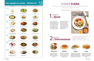32 • Guía Vegetariana Guía Vegetariana • 33
HAZLO
¿Quieres encontrar los
mejores restaurantes con
opciones vegetarianas en tu
localidad? Visita HappyCow.
com y escribe el nombre
de tu ciudad para ver una
lista completa y un mapa.
Si tu restaurante favorito
no tiene muchas opciones
vegetarianas en el menú, ¡no
te preocupes! Pregúntale
al mesero si te pueden
preparar algo vegetariano.
Los restaurantes quieren
que sus clientes sean felices
y seguramente el chef
disfrutará haciendo algo
especial para ti.
1.HAZLO
Local
Los platillos vegetarianos son comunes
en todo el mundo. Puedes ir a
cualquier restaurante internacional y
disfrutar una comida sin carne.
Italiana
Deléitate con una ensalada
fresca, pan y un plato de pasta
con salsa marinara. O con
una pizza sin queso y con tus
vegetales favoritos.
China
Comienza con rollos primavera
de vegetales. Después puedes
elegir entre una amplia variedad
de platillos de arroz o fideos con
verduras y tofu. ¡Y salsa al gusto!
India
Escoge entre muchas opciones
de platillos con papas, coliflor,
berenjena, arroz o garbanzos,
bañados en salsa de curry o
tomate.
Mexicana
Puedes comer tacos de
guisados de verduras o
frijoles y guacamole con
salsa y totopos. ¡Deliciosos y
nutritivos!
2.Internacional
Hoy más que nunca, los restaurantes están ofreciendo platillos vegetarianos
deliciosos. ¡Date gusto y sal a cenar!
COMER FUERA
Mañana • Mediodía • Noche
Plan magnífico de comidas - SEMANA DOS
Pasta alfredo sin lácteosArroz con vegetalesEmparedado de aguacate
MAR
Verduras asadasHamburguesa de portobelloCereal con plátano
MIÉ
Torta de verdurasVegetales fritos con tofuLicuado de plátano
LUN
Pan tostado con mantequilla de
maní y plátano
Portobellos rellenos Tacos de aguacate y hummus
JUE
SopesEspagueti con espinaca y
champiñones
Pan tostado con mantequilla de
maní y mermelada
DOM
Arroz frito con vegetalesVegetales con tofu al curryPan tostado con aguacate y pico
de gallo
VIE
Pizza de vegetalesTostadas con guacamole y
verduras
Avena con frutas
SÁB
 