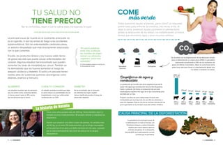 8 • Guía Vegetariana Guía Vegetariana • 9
La principal causa de muerte en el continente americano no
es el cigarrillo, ni son las armas de fuego o los accidentes
automovilísticos. Son las enfermedades cardiovasculares,
un asesino despiadado que está directamente relacionado
con lo que comemos.
El pollo, los productos lácteos y los huevos están llenos
de grasa saturada que puede causar enfermedades del
corazón. Algunos estudios han encontrado que pueden
aumentar las tasas de mortalidad por cáncer. También se
ha demostrado que los huevos aumentan el riesgo de
ataques cardíacos y diabetes. El pollo y el pescado tienen
niveles altos de sustancias químicas cancerígenas como
dioxinas, arsénico y mercurio.
ALIGÉRATE
Los estudios muestran que las personas
que no comen carne, productos lácteos
ni huevos pesan hasta un 10% menos
que las personas que lo hacen.
CUIDA TU CORAZÓN
Un estudio reciente encontró que dejar
la carne reduce tus posibilidades de ser
hospitalizado o morir por enfermedad
cardiovascular ¡un 32%!
DIABETES
Se ha encontrado que el consumo
de alimentos de origen vegetal
reduce significativamente el riesgo de
desarrollar diabetes.
No te confundas, dejar la carne salva vidas ¡incluyendo la tuya!
TU SALUD NO
TIENE PRECIO
“En pocas palabras,
entre más sustituyas
las comidas de origen
animal con alimentos
vegetales, serás más
saludable.”
Dr. Colin Campbell, experto en nutrición de
la Universidad de Cornell.
La historia de Natalia
De acuerdo con la Organización de las Naciones Unidas
para la Alimentación y la Agricultura (FAO), la ganadería
representa actualmente el 18% de las emisiones de
gases de efecto invernadero. Dejar la carne fuera de tu
plato hace más para frenar el calentamiento global que
no volver a conducir un coche.
La ganadería es la principal causa de
la deforestación en todo el mundo, con
frondosos bosques y selvas tropicales
talados para hacer espacio para los
animales de granja. En la Amazonía,
más del 80% de la deforestación ha sido
causada por la ganadería.
Todos queremos ayudar al planeta, ¿pero cómo? La respuesta
podría estar justo enfrente de nosotros, tres veces al día. Al
dejar la carne, podemos ayudar a prevenir el calentamiento
global, la destrucción de las selvas y la contaminación, al mismo
tiempo que ahorramos agua y otros recursos valiosos.
Despilfarro de agua y
combustible
La producción de una libra de carne requiere el uso de 15
veces más agua que la producción de una libra de granos,
frutas o verduras. De hecho, la producción de una sola
hamburguesa requiere más agua de lo que necesitarías para
ducharte por un mes.
Producir una libra de carne utiliza hasta 13 veces más
combustible que la producción de una libra de alimentos a
base de vegetales. Ésta es una de las muchas razones por las
que la ganadería es la principal causa del cambio climático.
CAUSA PRINCIPAL DE LA DEFORESTACIÓN
COME
más verde
450 g
carne
450 g
frijoles
1,860 gal
de agua
215 gal 120 gal 108 gal 97 gal 84 gal
450 g
trigo
450 g
papas
450 g
maíz
450 g
manzanas
Ganadería
industrial
Industria Transporte
18% 6% 14%
Hace unos años pesaba más de 200 kg. Tenía diabetes tipo 2 y
tomaba muchos medicamentos. Mi presión arterial y colesterol se
dispararon.
Desde que empecé una dieta a base de plantas, he perdido más
de 90 kg, ya no tomo 15 medicamentos, ya no tengo neuropatía
en las piernas ni los pies y el daño nervioso en mis ojos, causado
por el astronómicamente alto nivel de azúcar en la sangre,
desapareció.
 