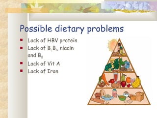 Possible dietary problems
 Lack of HBV protein
 Lack of B1, B2, niacin
and B12
 Lack of Vit A
 Lack of Iron
 
