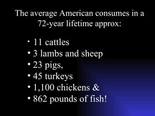 The average American consumes in a 72-year lifetime approx: 11 cattles 3 lambs and sheep 23 pigs, 45 turkeys 1,100 chickens & 862 pounds of fish! 