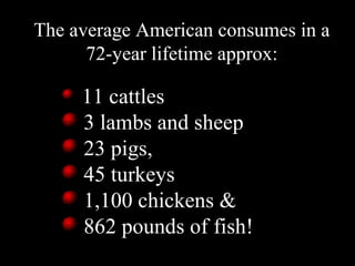 The average American consumes in a
      72-year lifetime approx:

     11 cattles
     3 lambs and sheep
     23 pigs,
     45 turkeys
     1,100 chickens &
     862 pounds of fish!
 