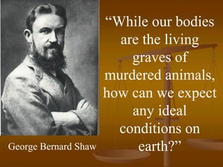“While our bodies
                        are the living
                          graves of
                      murdered animals,
                      how can we expect
                          any ideal
                        conditions on
George Bernard Shaw        earth?”
 
