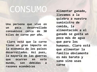 CONSUMO                   Alimentar ganado,
                            llevamos a la
                            quiebra a nuestro
Una persona que vive en
                            suministro de
un    país   desarrollado   comida, la
consumiese cerca de 30      alimentación a el
kilos de carne por año.     ganado se gasta un
                            poco más de agua
 Claro está que la carne    que para los
tiene un gran impacto en    humanos. Claro está
la economía de los países   que alimentar la
desarrollados. Así pues,    familia obviamente
la mayoría de las guerras   es más barato y
que   ocurren   en   este
                            sano sino usas
mundo, son debidas a
razones económicas
                            carne
 