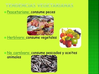  Pescetariano: consume peces
 Herbívoro: consume vegetales
 No carnívoro: consume pescados y aceites
animales
 