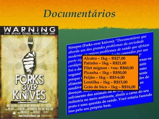 Documentários
Alcatra – 1kg – R$27,00
Patinho – 1kg – R$21,00
Filet mignon - +ou- R$60,00
Picanha – 1kg – R$50,00
Feijão – 1kg – R$3-6,00
Lentilha – 1kg – R$15,00
Grão de bico – 1kg – R$16,00
 