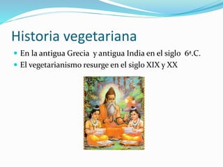 Historia vegetariana
 En la antigua Grecia y antigua India en el siglo 6ª.C.
 El vegetarianismo resurge en el siglo XIX y XX
 