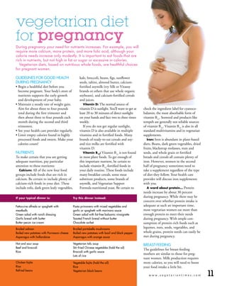 vegetarian diet
for pregnancy
During pregnancy your need for nutrients increases. For example, you will
require more calcium, more protein, and more folic acid, although your
calorie needs increase only modestly. It is important to eat foods that are
rich in nutrients, but not high in fat or sugar or excessive in calories.
   Vegetarian diets, based on nutritious whole foods, are healthful choices
for pregnant women.

guidelines For good HeAltH                        kale, broccoli, beans, figs, sunflower
during PregnAnCy                                  seeds, tahini, almond butter, calcium-
• Begin a healthful diet before you               fortified soymilk (try Silk or Vitasoy
  become pregnant. Your body’s store of           brands or others that use whole organic
  nutrients supports the early growth             soybeans), and calcium-fortified cereals
  and development of your baby.                   and juices.
• Maintain a steady rate of weight gain.             Vitamin D: The normal source of
  Aim for about three to four pounds              vitamin D is sunlight. You’ll want to get at   check the ingredient label for cyanoco-
  total during the first trimester and            least 20 to 30 minutes of direct sunlight      balamin, the most absorbable form of
  then about three to four pounds each            on your hands and face two to three times      vitamin B12. Seaweed and products like
  month during the second and third               weekly.                                        tempeh are generally not reliable sources
  trimesters.                                        If you do not get regular sunlight,         of vitamin B12. Vitamin B12 is also in all
• See your health care provider regularly.        vitamin D is also available in multiple        standard multivitamins and in vegetarian
• Limit empty calories found in highly            vitamins and in fortified foods. Many          supplements.
  processed foods and sweets. Make your           brands of ready-to-eat cereals and soy-           Iron: Iron is abundant in plant-based
  calories count!                                 and rice milks are fortified with              diets. Beans, dark green vegetables, dried
                                                  vitamin D.                                     fruits, blackstrap molasses, nuts and
nutrients                                            Vitamin B12: Vitamin B12 is not found       seeds, and whole grain or fortified
To make certain that you are getting              in most plant foods. To get enough of          breads and cereals all contain plenty of
adequate nutrition, pay particular                this important nutrient, be certain to         iron. However, women in the second
attention to these nutrients:                     include vitamin B12-fortified foods in         half of pregnancy sometimes need to
   Calcium: All of the new four food              your daily routine. These foods include        take a supplement regardless of the type
groups include foods that are rich in             many breakfast cereals, some meat              of diet they follow. Your health care
calcium. Be certain to include plenty of          substitute products, some brands of            provider will discuss iron supplements
calcium-rich foods in your diet. These            soymilk, and Vegetarian Support                with you.
include tofu, dark green leafy vegetables,        Formula nutritional yeast. Be certain to          A word about protein... Protein
                                                                                                 needs increase by about 30 percent
If your typical dinner is:                   Try this dinner instead:                            during pregnancy. While there may be
                                                                                                 concern over whether protein intake is
Fettuccine alfredo or spaghetti with         Pasta primavera with mixed vegetables and           adequate at such an important time,
meatballs                                    garlic or spaghetti with marinara sauce             most vegetarian women eat more than
green salad with ranch dressing              green salad with fat-free balsamic vinaigrette      enough protein to meet their needs
garlic bread with butter                     toasted French bread without butter                 during pregnancy. With ample con-
Butter-pecan ice cream                       Chocolate sorbet                                    sumption of protein-rich foods such as
Broiled salmon                               Broiled portobello mushrooms
                                                                                                 legumes, nuts, seeds, vegetables, and
Boiled new potatoes with Parmesan cheese     Boiled new potatoes with basil and black pepper     whole grains, protein needs can easily be
Asparagus with hollandaise                   Asparagus with orange sauce                         met during pregnancy.

Hot and sour soup                            Vegetarian tofu soup                                BreAst-Feeding
Beef and broccoli                            stir-fried Chinese vegetables (hold the oil)
                                                                                                 The guidelines for breast-feeding
rice                                         Broccoli with garlic sauce
                                                                                                 mothers are similar to those for preg-
                                             lots of rice
                                                                                                 nant women. Milk production requires
Chicken fajita                               Vegetable fajita (hold the oil)                     more calories, so you will need to boost
rice                                         rice                                                your food intake a little bit.

                                                                                                                                              11
refried beans                                Vegetarian black beans
                                                                                                    www.vegetariantimes.com
 