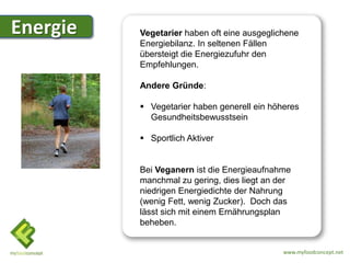 Energie   Vegetarier haben oft eine ausgeglichene
          Energiebilanz. In seltenen Fällen
          übersteigt die Energiezufuhr den
          Empfehlungen.

          Andere Gründe:

           Vegetarier haben generell ein höheres
            Gesundheitsbewusstsein

           Sportlich Aktiver


          Bei Veganern ist die Energieaufnahme
          manchmal zu gering, dies liegt an der
          niedrigen Energiedichte der Nahrung
          (wenig Fett, wenig Zucker). Doch das
          lässt sich mit einem Ernährungsplan
          beheben.


                                             www.myfoodconcept.net
 